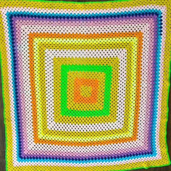 Vtg Hand Crochet Granny Square Rainbow Blanket Throw Afghan 70’s Hippie 54x54” - Picture 1 of 6